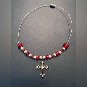Cross Pendant Necklace Womens Boho Casual Natural Red Glass silver bead NEW 18”